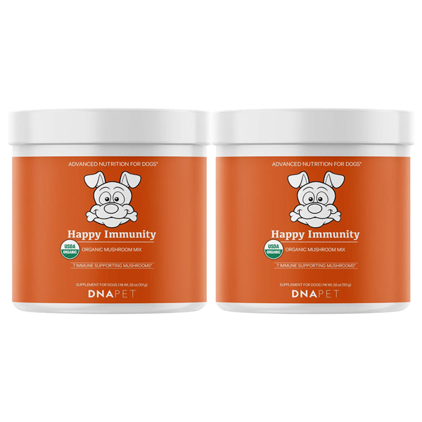 Get two containers of DNA Pets 2 Pack - Happy Immunity USDA Certified Organic Mushroom Complex for Dogs (3.5oz each), a daily supplement featuring an orange label with a cartoon dog and USDA Organic certification.